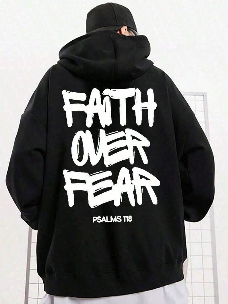 SXV Faith Over Fear, Letter Print Pocket Hoodie