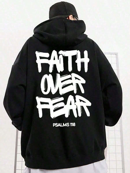 SXV Faith Over Fear, Letter Print Pocket Hoodie