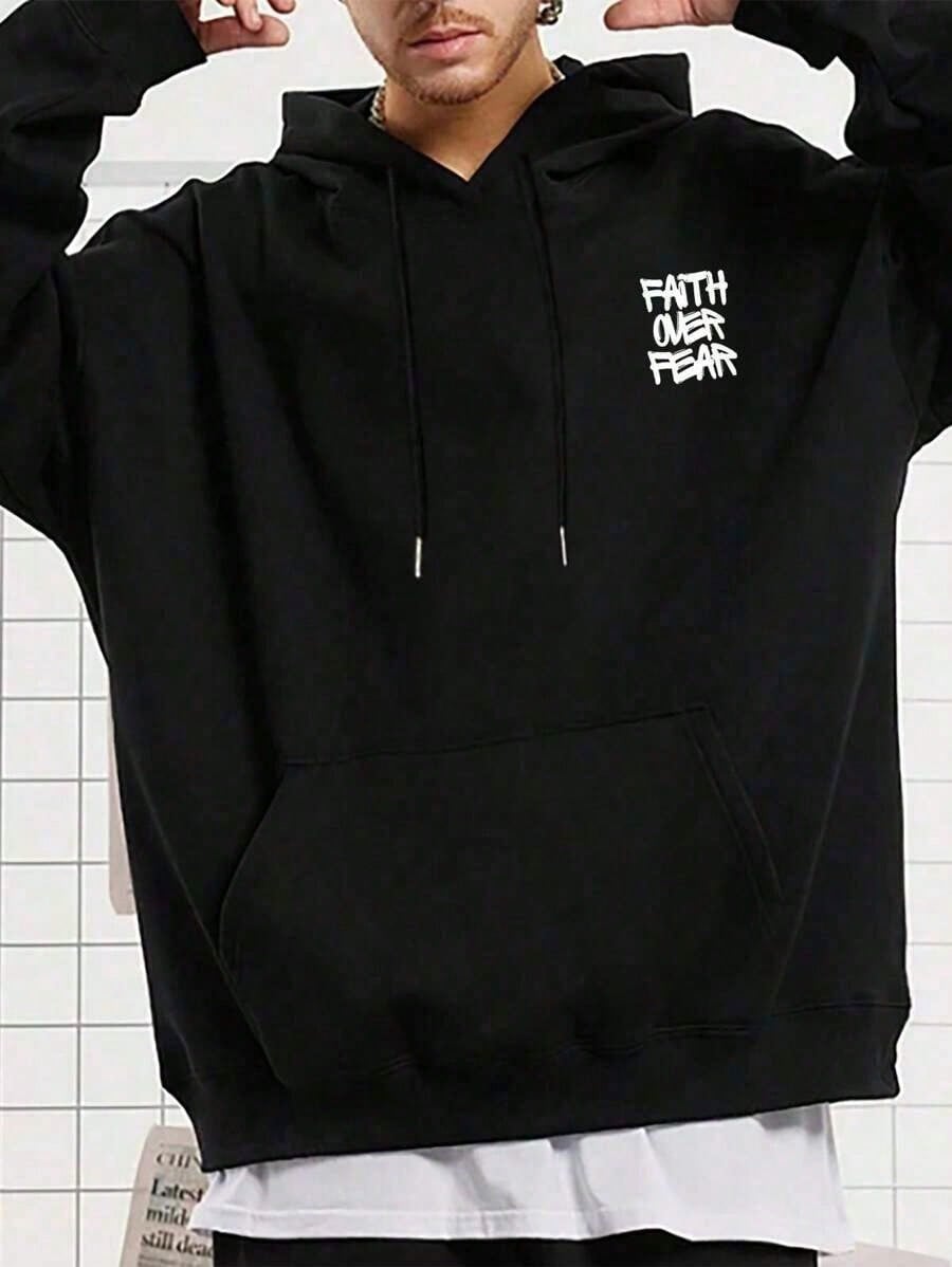 SXV Faith Over Fear, Letter Print Pocket Hoodie