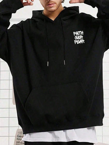 SXV Faith Over Fear, Letter Print Pocket Hoodie