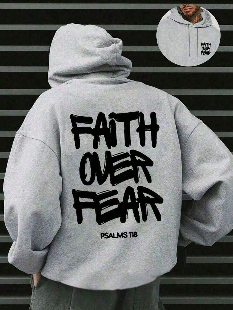 SXV Faith Over Fear, Letter Print Pocket Hoodie