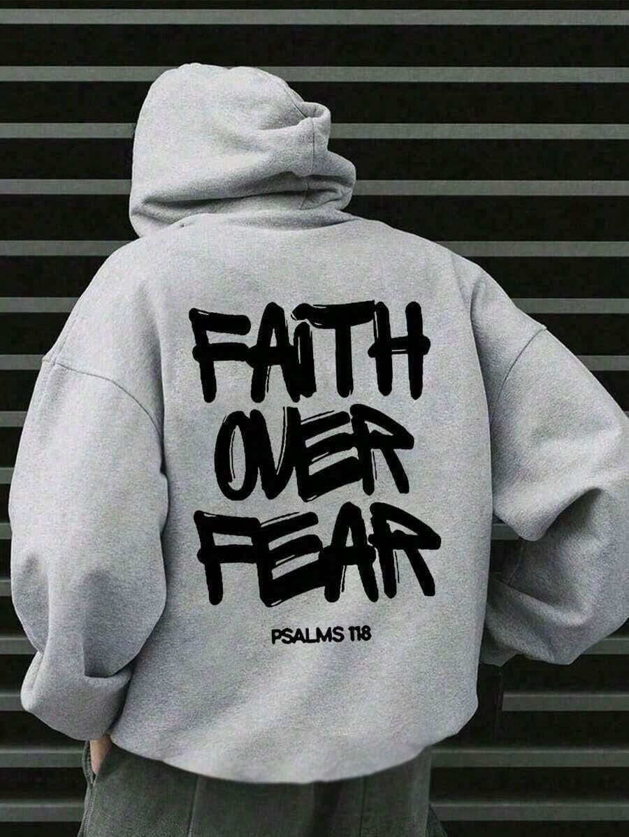 SXV Faith Over Fear, Letter Print Pocket Hoodie