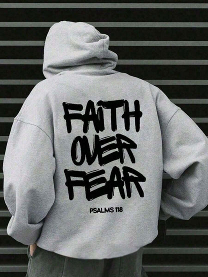 SXV Faith Over Fear, Letter Print Pocket Hoodie