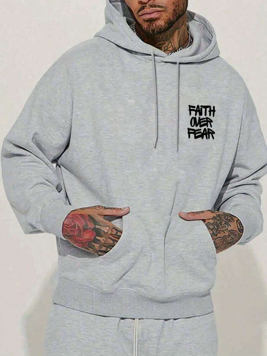 SXV Faith Over Fear, Letter Print Pocket Hoodie