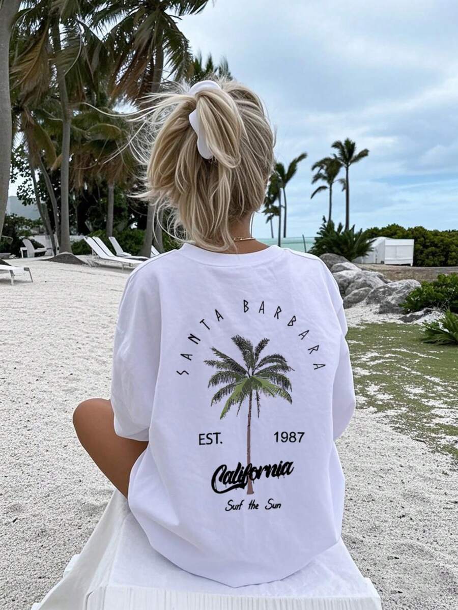 SXV Palm Tree Print Casual Loose Long Sleeve T-Shirt