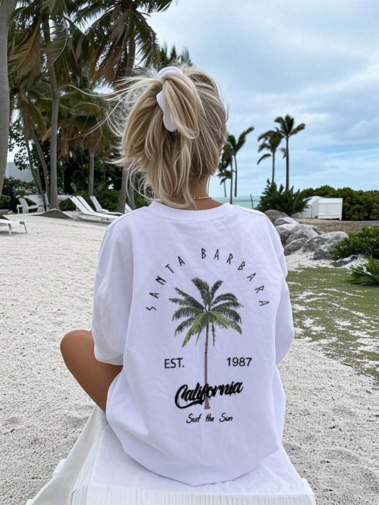 SXV Palm Tree Print Casual Loose Long Sleeve T-Shirt