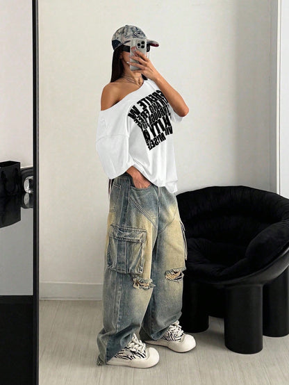 SXV Retro Letter Print Oversized Casual Short Sleeve T-Shirt