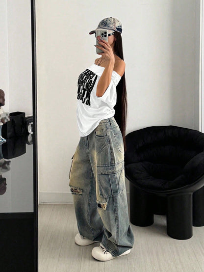 SXV Retro Letter Print Oversized Casual Short Sleeve T-Shirt