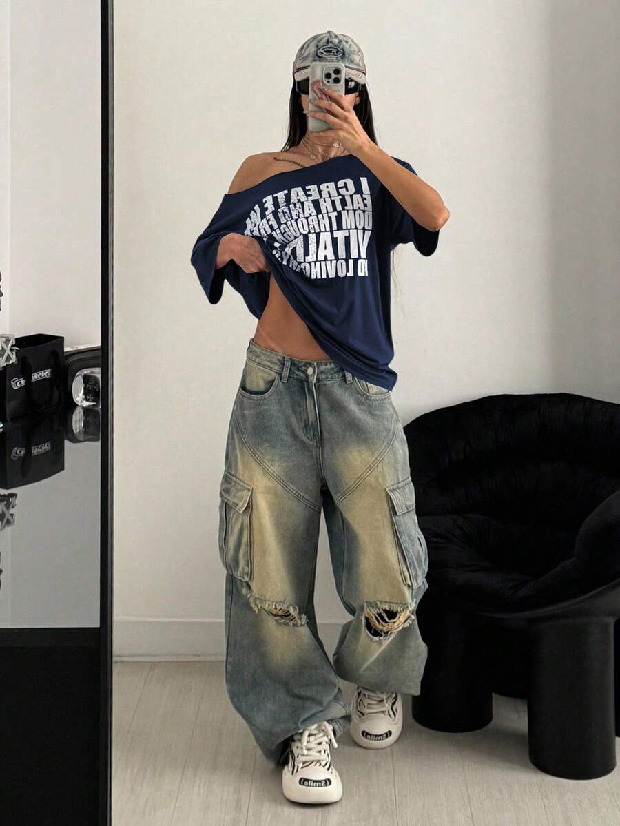 SXV Retro Letter Print Oversized Casual Short Sleeve T-Shirt