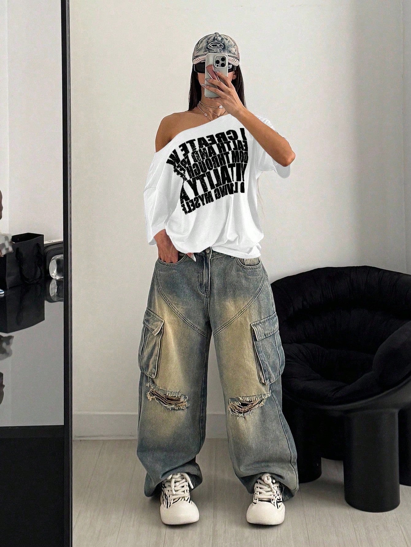 SXV Retro Letter Print Oversized Casual Short Sleeve T-Shirt