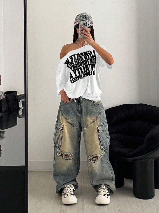 SXV Retro Letter Print Oversized Casual Short Sleeve T-Shirt