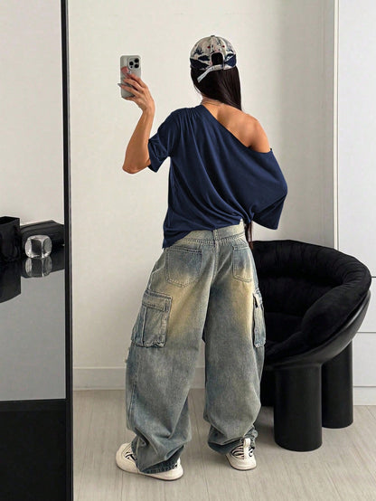 SXV Retro Letter Print Oversized Casual Short Sleeve T-Shirt