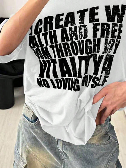 SXV Retro Letter Print Oversized Casual Short Sleeve T-Shirt