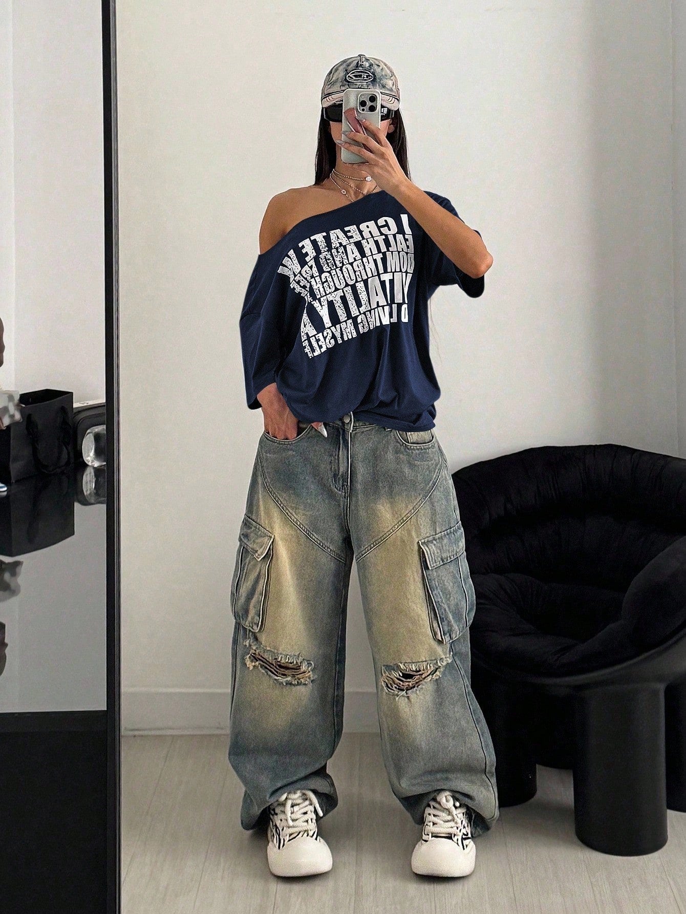 SXV Retro Letter Print Oversized Casual Short Sleeve T-Shirt