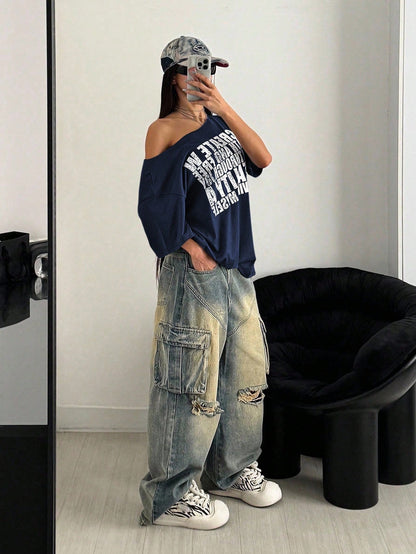 SXV Retro Letter Print Oversized Casual Short Sleeve T-Shirt