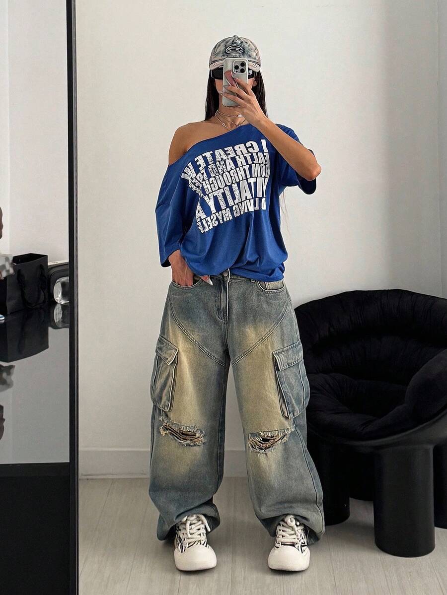 SXV Retro Letter Print Oversized Casual Short Sleeve T-Shirt