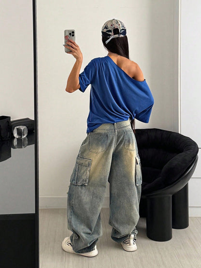 SXV Retro Letter Print Oversized Casual Short Sleeve T-Shirt