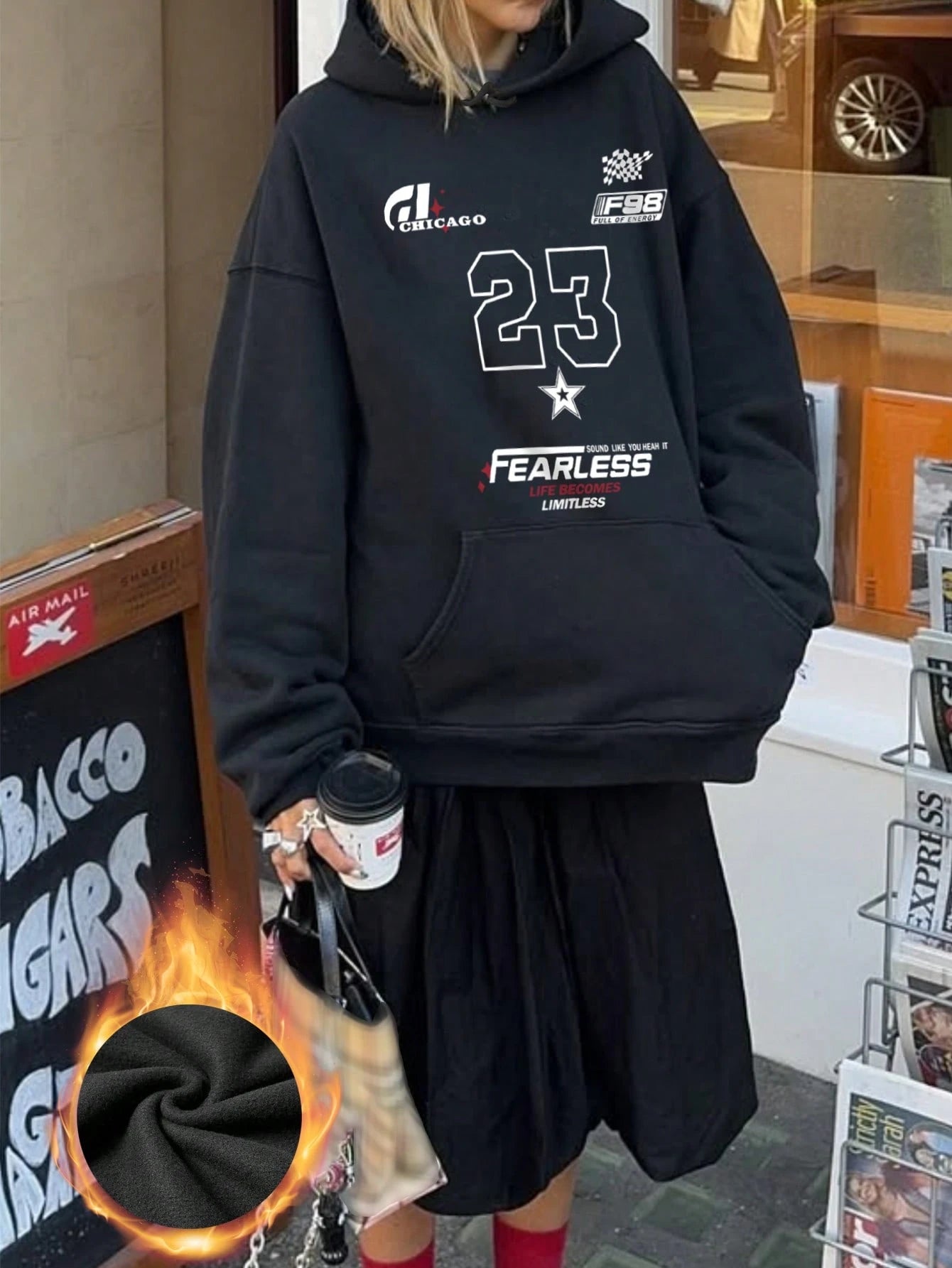 SXV Winter New Simple Ins 23 Graphic Print Casual Crew Neck Dark Grey Fashionable Versatile Pullover Hoodie