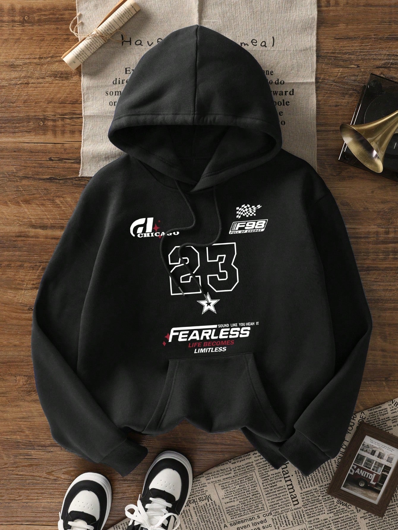 SXV Winter New Simple Ins 23 Graphic Print Casual Crew Neck Dark Grey Fashionable Versatile Pullover Hoodie