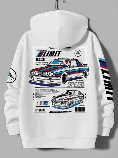 SXV LIMIT Casual Loose Fit Car Graphic Thermal Lined Hoodie Sweatshirt, Autumn