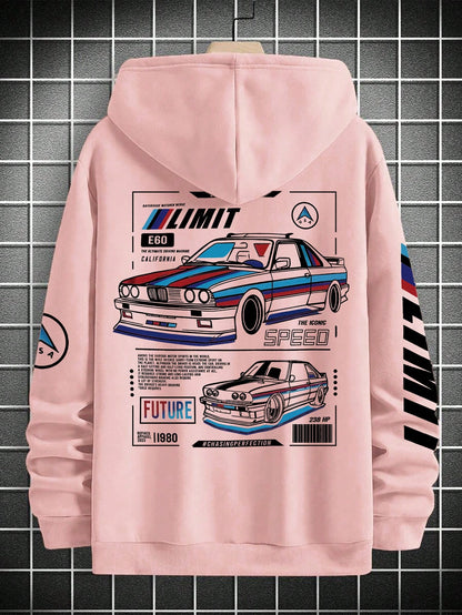 SXV LIMIT Casual Loose Fit Car Graphic Thermal Lined Hoodie Sweatshirt, Autumn