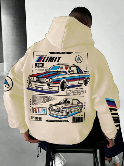 SXV LIMIT Casual Loose Fit Car Graphic Thermal Lined Hoodie Sweatshirt, Autumn