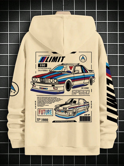 SXV LIMIT Casual Loose Fit Car Graphic Thermal Lined Hoodie Sweatshirt, Autumn