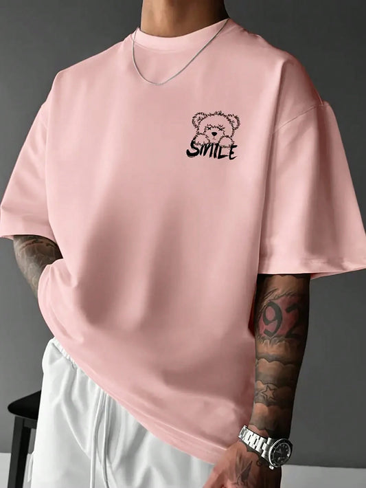 SXV SMILE Letter Print Round Neck Short Sleeve T-Shirt, Coffee Color