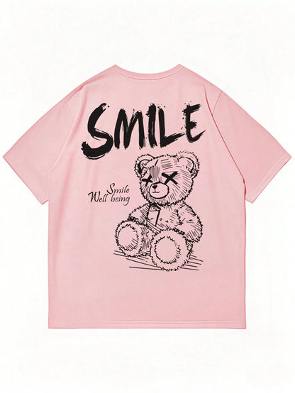 SXV SMILE Letter Print Round Neck Short Sleeve T-Shirt, Coffee Color