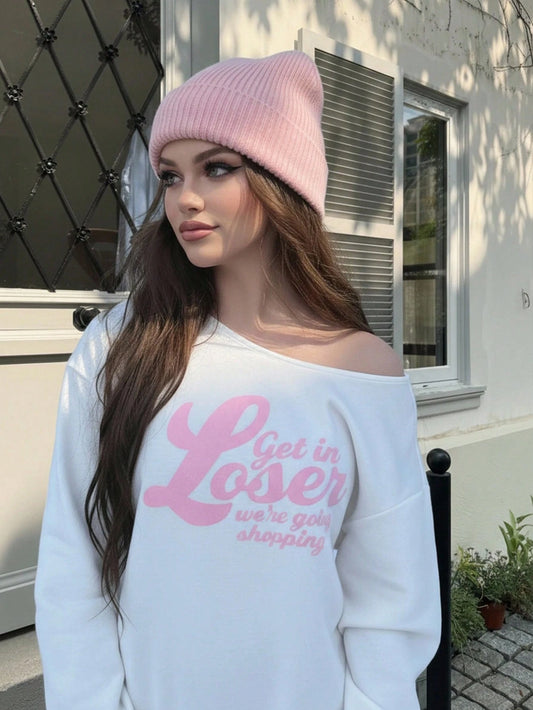 SXV Women's Casual Slogan Graphic Asymmetrical Neck Loose Pullover Sweatshirt, Spring