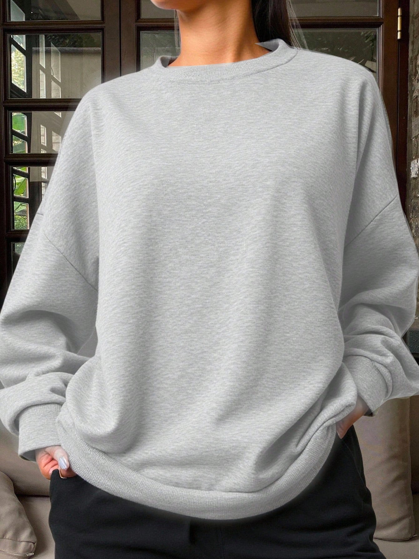 SXV Casual Thermal Lined Solid Color Loose Fit Sweatshirt Fall
