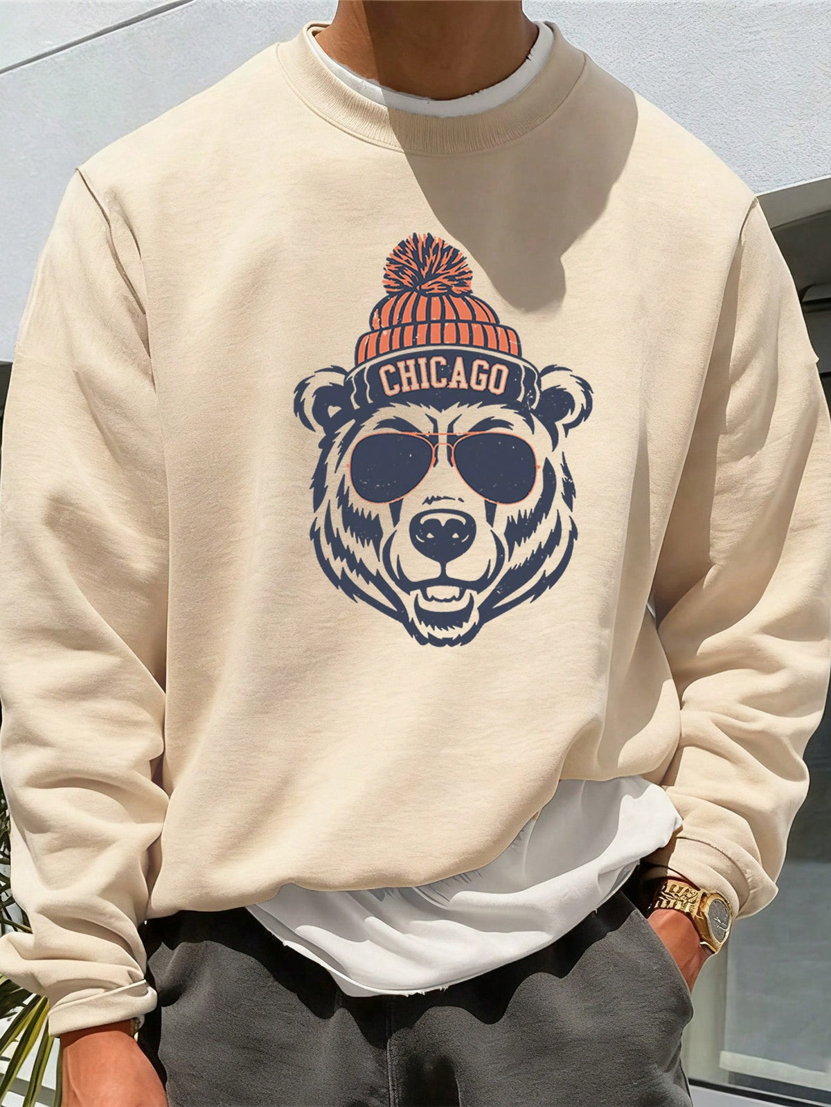 SXV Zrgoth Men's Round Neck Casual Bear Head Print Loose Comfortable Sweatshirt  Chicago Element Design
