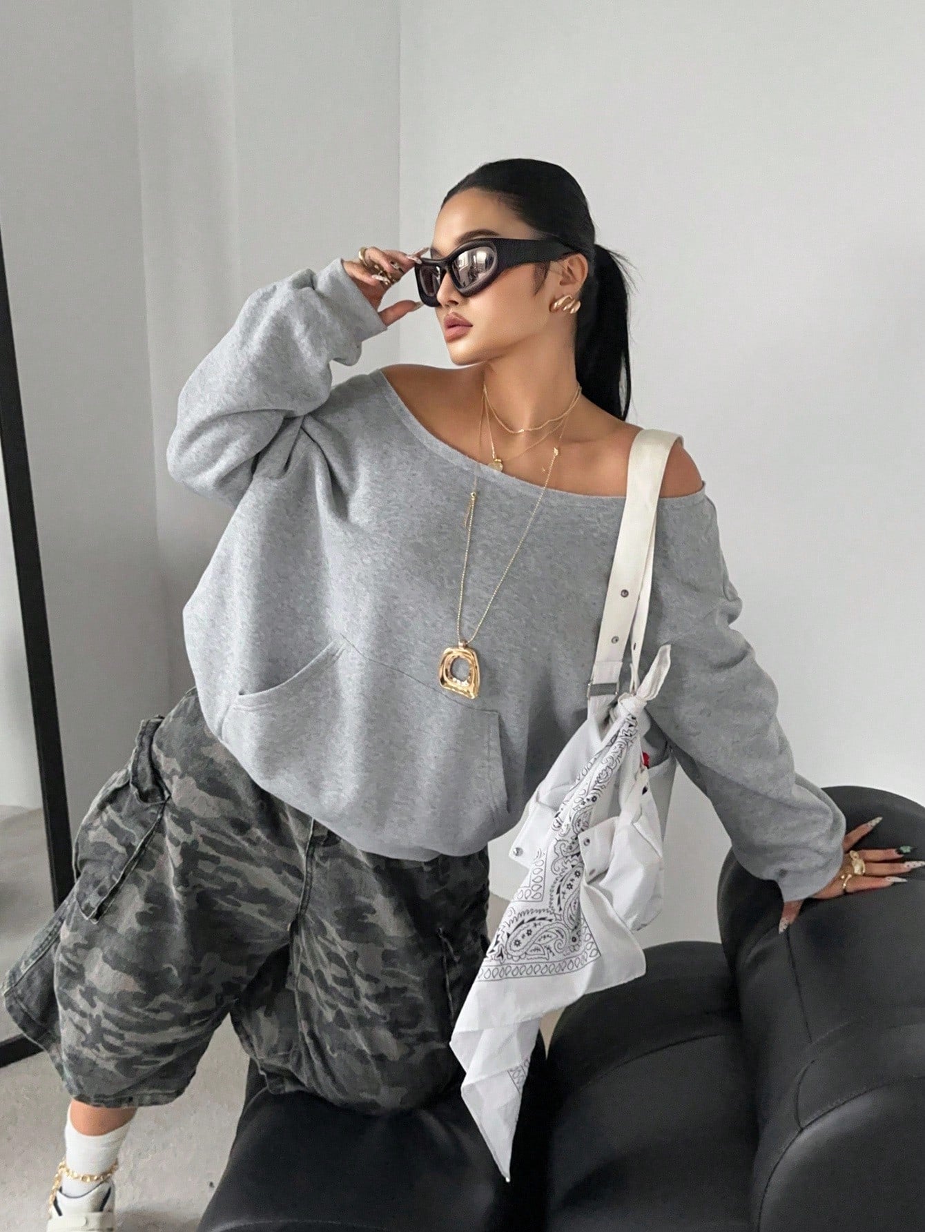 SXV Fashionable Off Shoulder Thermal Lined Long Sleeve Casual Loose Fit Plus Size Sweatshirt