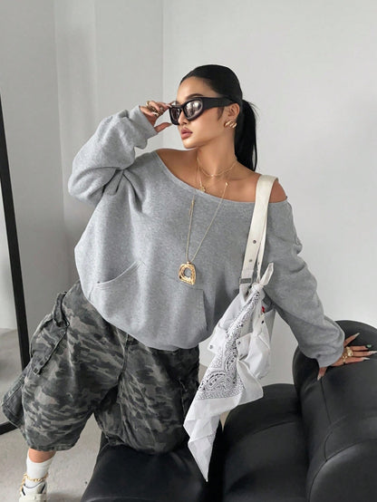 SXV Fashionable Off Shoulder Thermal Lined Long Sleeve Casual Loose Fit Plus Size Sweatshirt