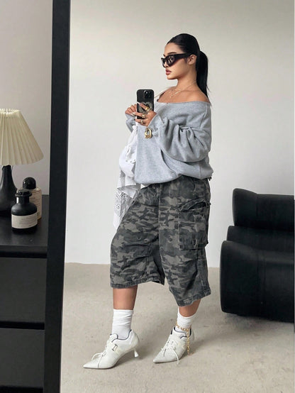 SXV Fashionable Off Shoulder Thermal Lined Long Sleeve Casual Loose Fit Plus Size Sweatshirt