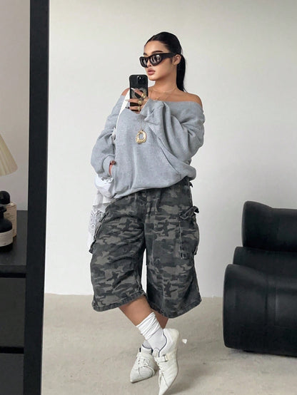 SXV Fashionable Off Shoulder Thermal Lined Long Sleeve Casual Loose Fit Plus Size Sweatshirt