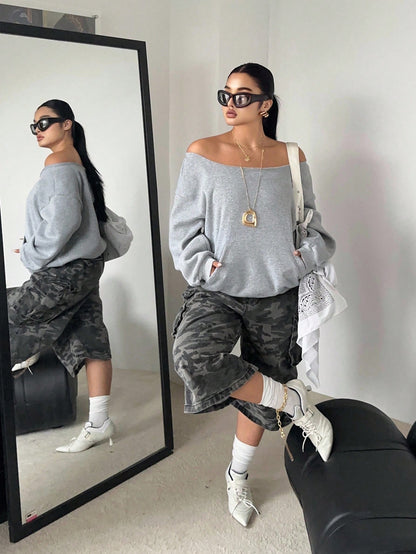 SXV Fashionable Off Shoulder Thermal Lined Long Sleeve Casual Loose Fit Plus Size Sweatshirt