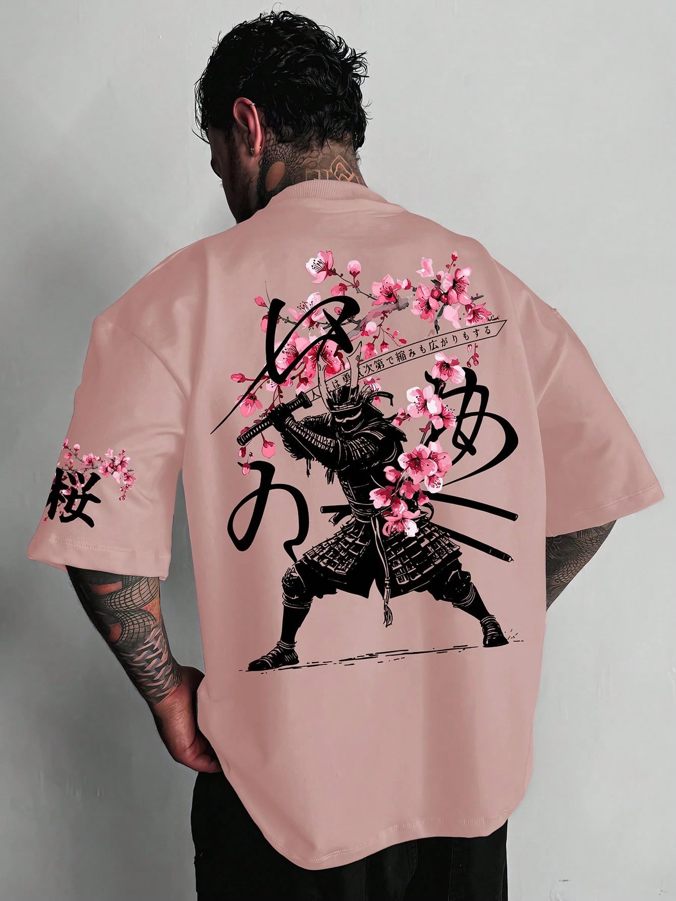 SXV Japanese Sakura Samurai Design Graphic Print Short Sleeve Crew Neck T-Shirt
