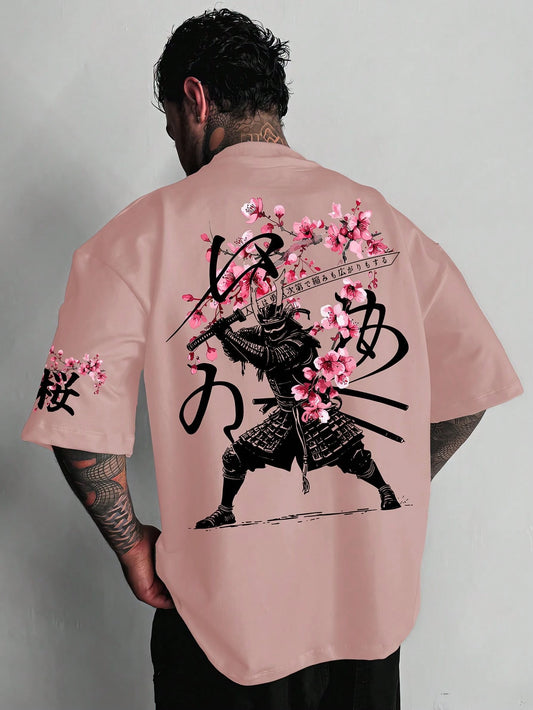 SXV Japanese Sakura Samurai Design Graphic Print Short Sleeve Crew Neck T-Shirt