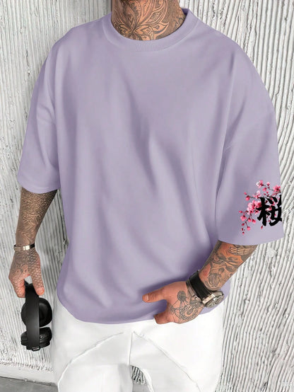 SXV Japanese Sakura Samurai Design Graphic Print Short Sleeve Crew Neck T-Shirt