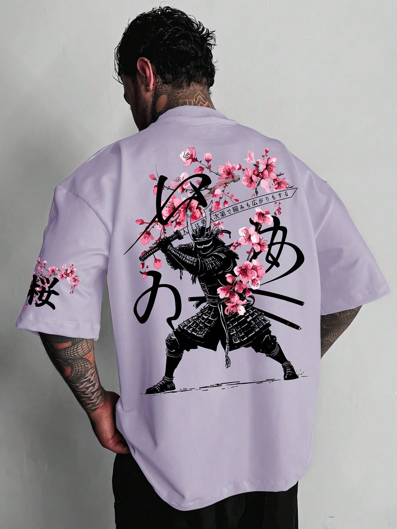 SXV Japanese Sakura Samurai Design Graphic Print Short Sleeve Crew Neck T-Shirt