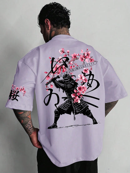 SXV Japanese Sakura Samurai Design Graphic Print Short Sleeve Crew Neck T-Shirt