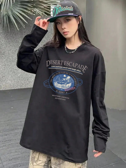 SXV Women's Oversized Round Neck Casual Versatile Kawaii Print Long Sleeve T-Shirt Top, Spring