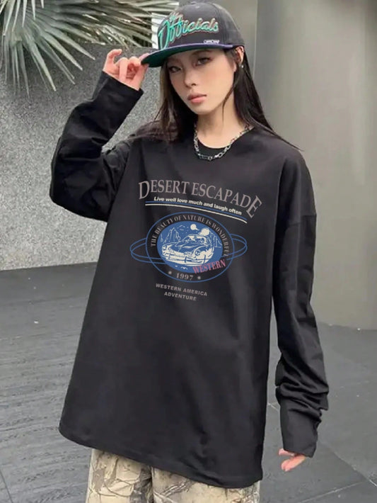 SXV Women's Oversized Round Neck Casual Versatile Kawaii Print Long Sleeve T-Shirt Top, Spring