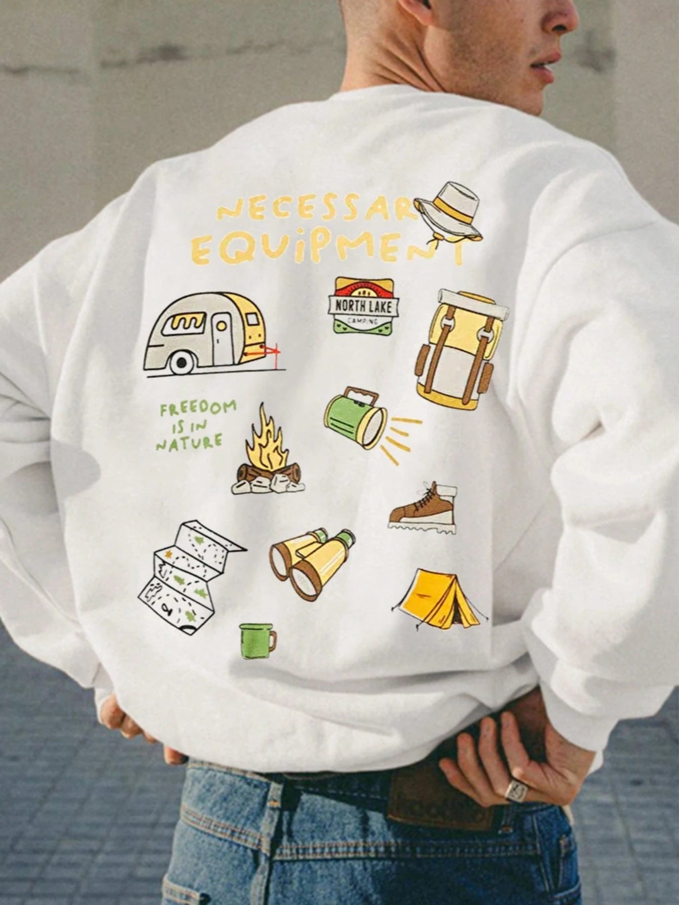 SXV Men's Casual Street Wild Bloom Cartoon Camping Graphic Print Crew Neck Sweatshirt, Autumn