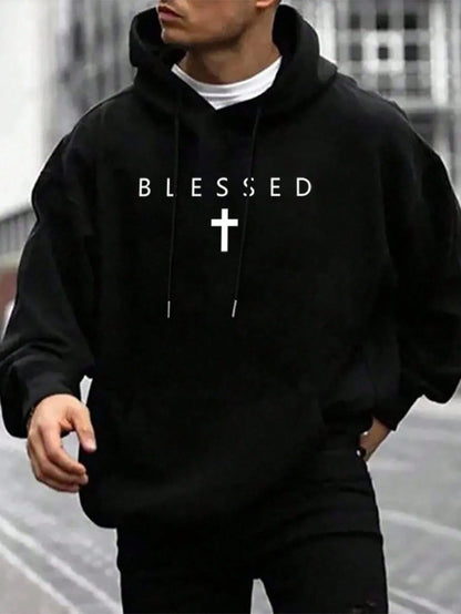 SXV BLESSED printed Winter Long Sleeve Black Hoodie Sweatshirt With Bless Cross Print Oversized Style