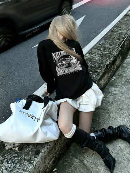 SXV Winter Women Oversized Casual Crew Neck Long Sleeve Kawaii Graphic T-Shirt Top