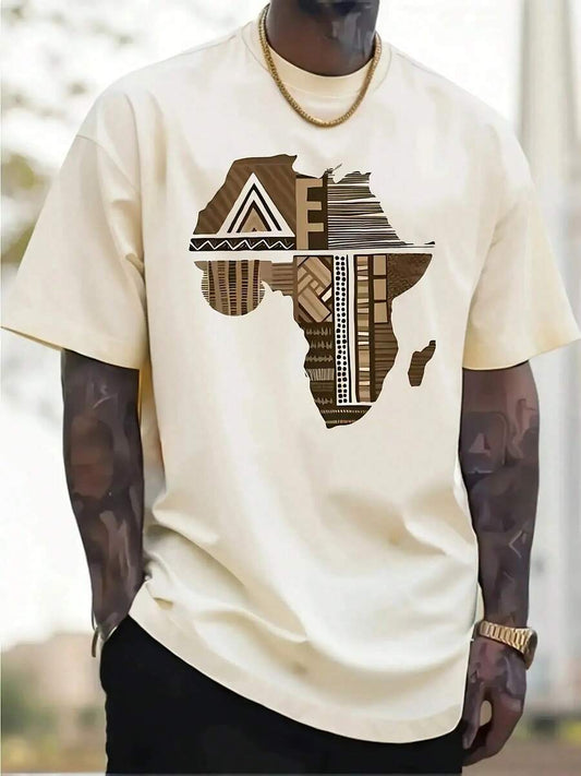 SXV African Map Pattern Printed Round Neck Short Sleeve T-shirt