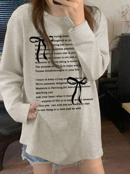 SXV Women's Round Neck Letter & Bow Print Casual Versatile Sweet Cute Loose Cotton Long Sleeve T-Shirt Top, Autumn