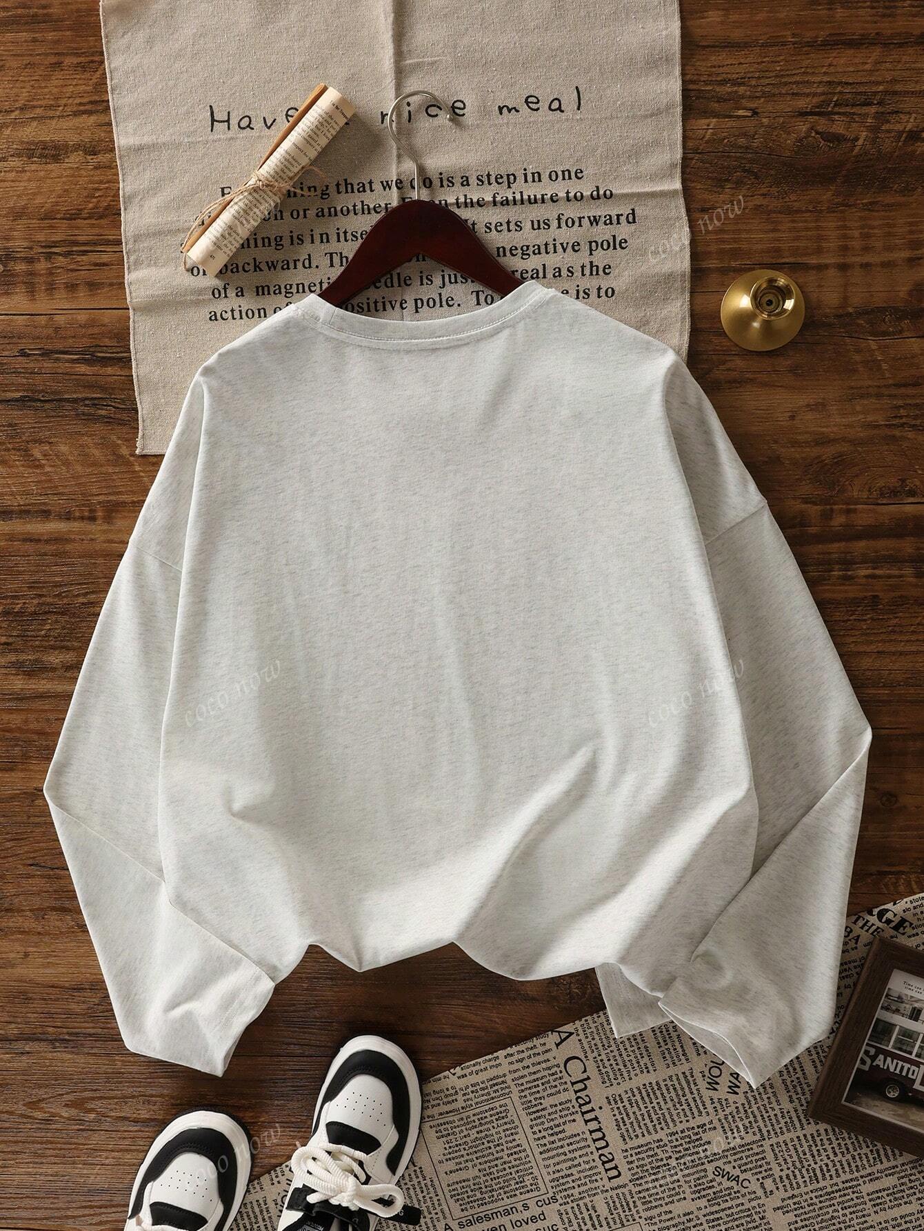 SXV Women's Round Neck Letter & Bow Print Casual Versatile Sweet Cute Loose Cotton Long Sleeve T-Shirt Top, Autumn